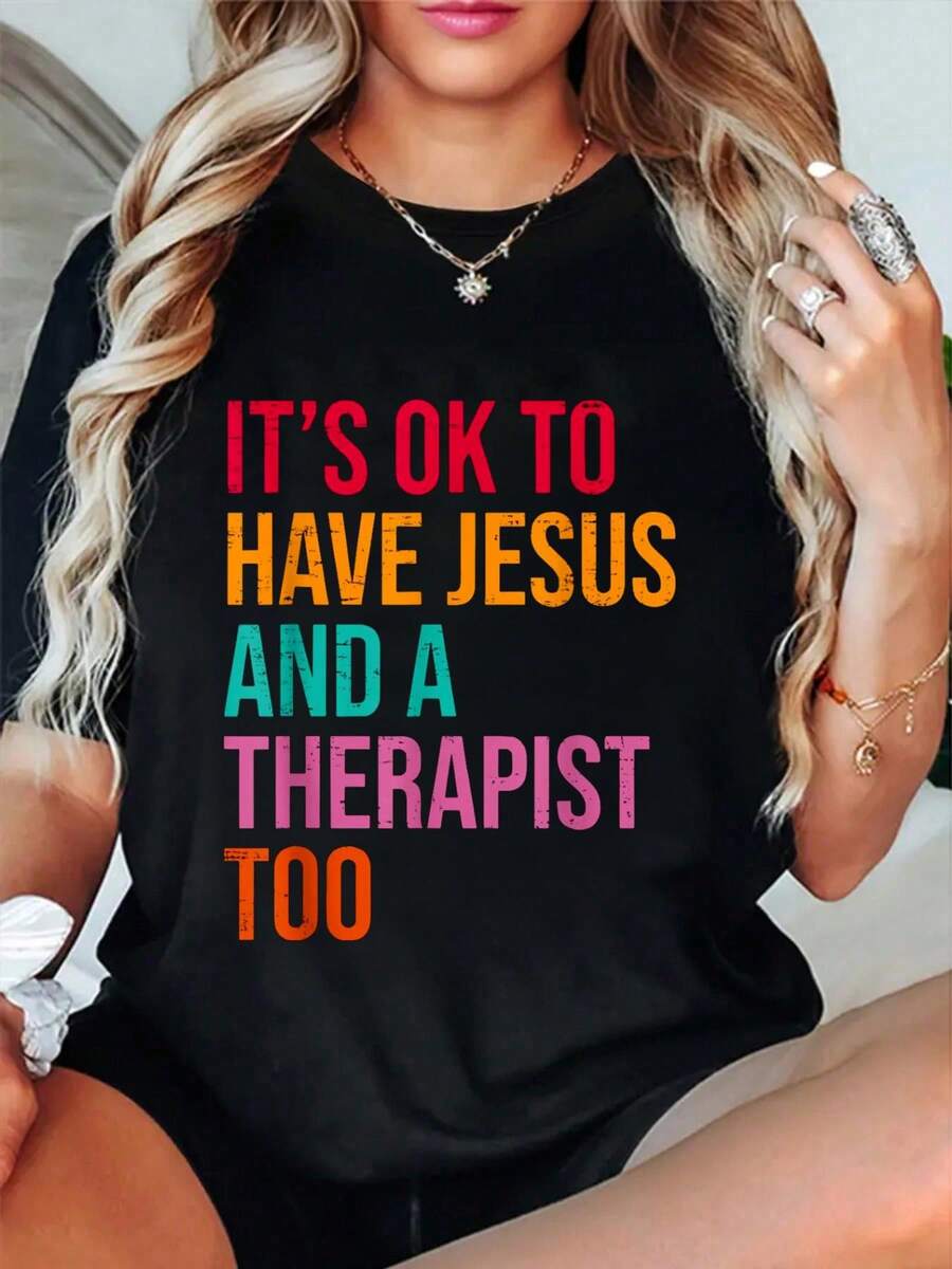 It's Ok To Have Jesus And A Therapist Too Therapy Christians T-Shirt - Black - View 1