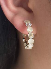 1 Pair Copper Alloy Cat Eye Stone C-Shape Hoop Earrings, Unique Design With Elegant Simplicity, Suitable For Women Who Pursue Distinctive And Quality Style, For Daily Commute, Casual Gathering, Formal Business Events, Romantic Dates To Enhance Overall Outfit And Facial Features
