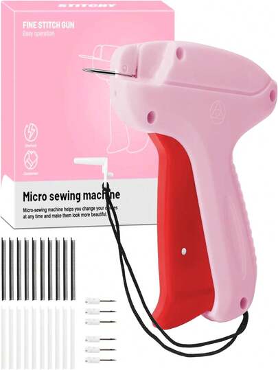 Pistola de costura mini que incluye 6 agujas finas, 1000 piezas de micro sujetadores, reparador de ropa rápido para etiquetas de ropa, plástico rosa, kit de manualidades para todo el año para ropa, edredones, sábanas