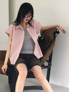 Plaid Print Button Front Shirt, Casual Short Sleeve Blouse For Women, Spring/Summer Pink - Pink - View 4