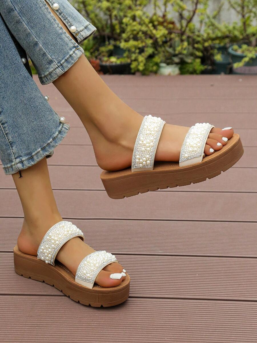 Women Bohemian Rhinestone Glittery Platform Slides - Beige - View 1