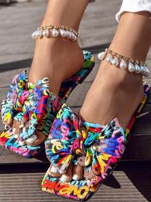 Colorful Cartoon Letter & Bow Print Women's Slippers, Fashion Square Toe Slip-On Flats, Casual Beach Sandals