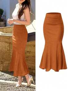 Elegant Mermaid Tail Skirt, High-Waisted Fitted Design, Ruffle Hem, Stretchy Polyester Blend Fabric, Machine Washable, Suitable For All Seasons - Light Brown - View 2