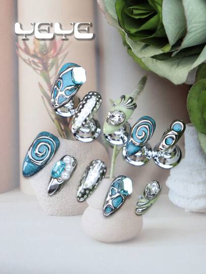 Transform Your Nails With 10pcs Almond Shape Hand-Made Nordic Blue Tear Cat Eye Silver Chrome Mint Green Full Coverage Fake Nails Set Charming Vanity 3d Three-Dimensional Decoration Rhinestone Decor Modernist Full Cover Acrylic Press On Nail Kit For Women And Girls With 1pc Mini Nail File & 1 Sheet Adhesive Tabs