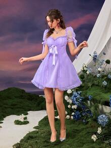 Rochie cu fundă în formă de A, cu decolteu cu bule, cu mâneci cu bule - De bază pentru garderoba de primăvară, vară, pentru ieșiri ocazionale, picnicuri, întâlniri, întâlniri și evade - Violet - Vizualizare 6