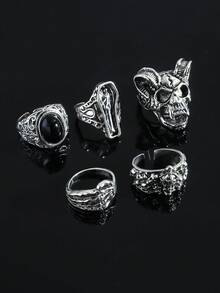 5pcs/Set Dark Theme Palm Shape Rings, Cool Retro Punk Gothic Skull, Mummy Coffin Finger Rings, Street Fashion Design - Antique Silver - View 2