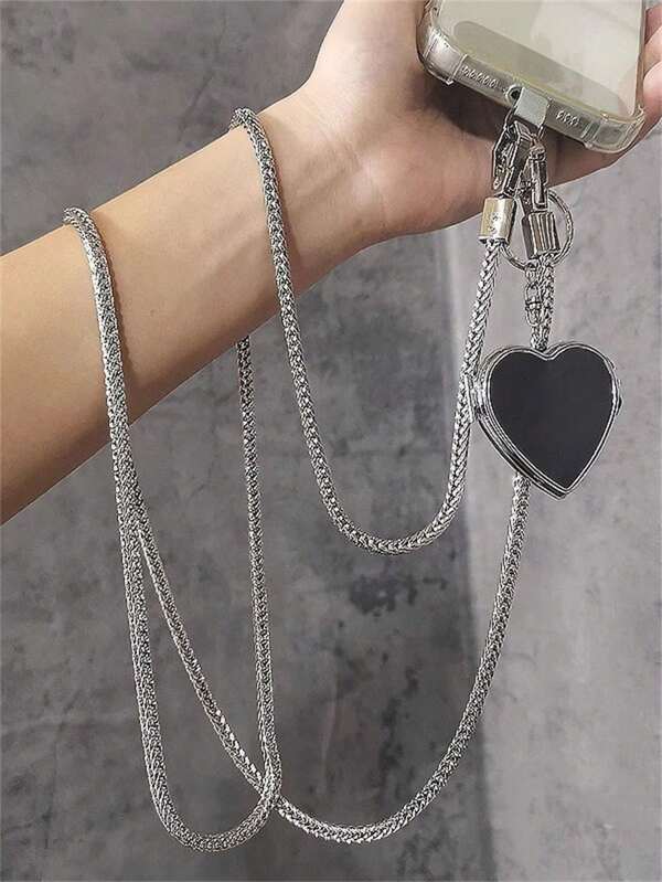 1pc Metallic Skeleton Key Mobile Phone Hanging Chain, Fashionable Women's Diagonal Wrist Phone Case Chain With Heart Charm Mirror Pendant, Comes With Transparent Mat Gifts For Mother, Family, Friends, Birthday, Holiday Phone Charm, Phone Chain