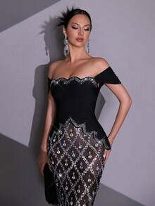 Elisanya Nouvelle robe de soirée noire sexy et luxueuse pour femmes, avec de lourds cristaux et diamants, épaules dénudées, patchwork transparent en maille serrée. Robe de demoiselle d'honneur formelle pour mariage, vacances et soirées