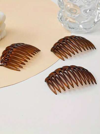 3pcs Vintage Woven 11-Tooth Deep Coffee Plastic Hair Comb, Octagonal Side Comb, School Stuff, Wedding