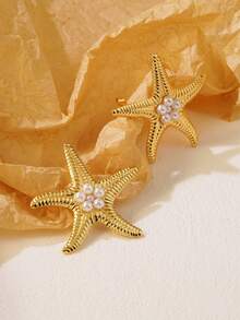 1 对简约海星设计不锈钢耳钉，适合女性日常生活、旅行、派对佩戴 - 金黃色 - 查看 3