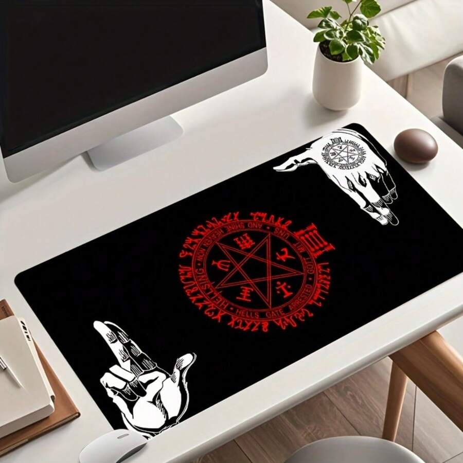 恐怖哥特暗黑风格鼠标垫，Hellsing 图案，黑色桌面垫，办公桌配件，缝边防滑，橡胶底座，尺寸 35.4x15.7 英寸，适合办公室使用，可作为礼物送给男友/女友，返校季游戏鼠标垫，桌面配件，办公用品，办公桌配件，桌面鼠标垫 - 彩色 - 查看 1