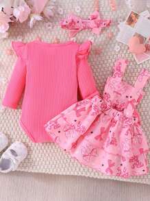 2 Stücke Baby Mädchen elegantes & niedliches Langarm Romper + Lätzchen Kleid Outfit Set, leicht für Frühling & Herbst