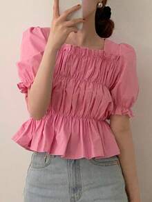 Blusa elegante de verano con manga abullonada y fruncidos - Rosa - Ver 2