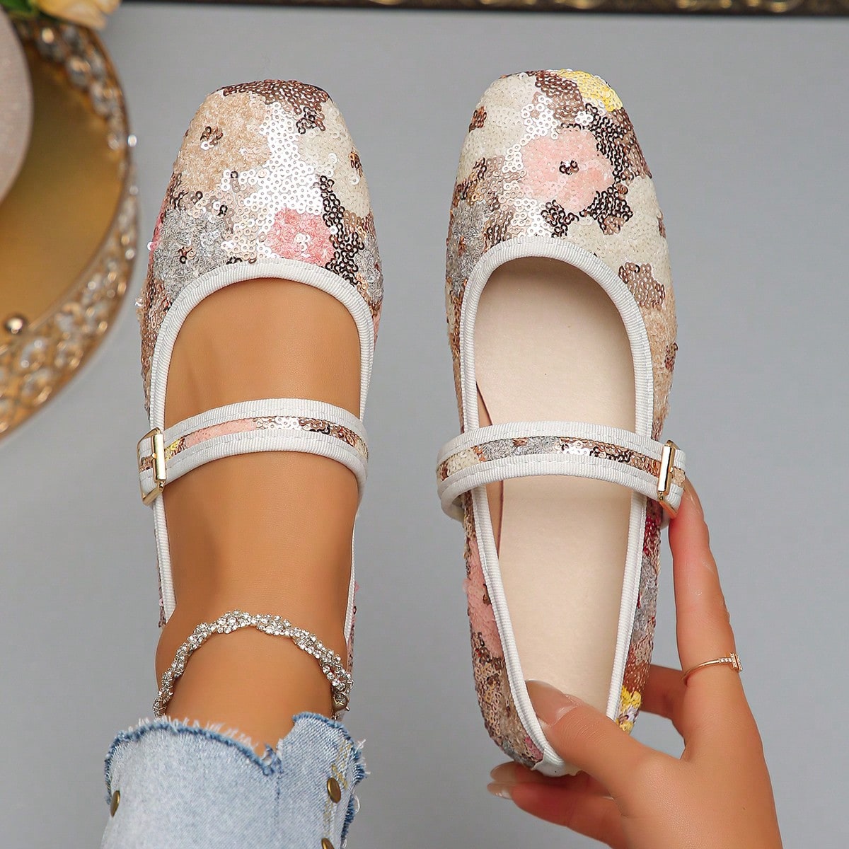 Bailarinas de talla grande EU35-43 de estilo retro Mary Jane, zapatos de trabajo de punta puntiaguda con lentejuelas y suela blanda, color rosa/champ?