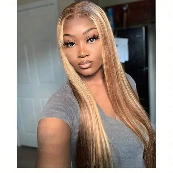 [26inch Honey Blonde Lace Wig] Highlight Ombre Lace Front Wig Human Hair 26inch 5x5 Straight 4/27 Honey Blonde HD Lace Front Wig Human Hair Pre Plucked 180% Density Colored Lace Front Wigs For Women