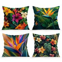 4 pièces Ensemble de housses de coussin imprimées de plantes tropicales et de fleurs, 45 cm x 45 cm, imprimé sur un seul côté