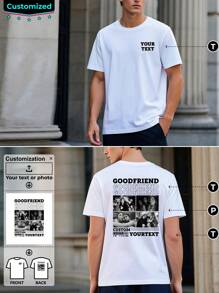 Personaliza una camiseta de hombre con una imagen y texto. Agrega el texto en el pecho izquierdo y un diseño en la espalda. Es un regalo para amigos