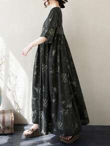 2026夏季复古连衣裙，波西米亚休闲度假连衣裙，优雅连衣裙，圆领宽松撞色连衣裙，睡衣打底衫，沙滩度假连衣裙 - 深灰色 - 查看 4