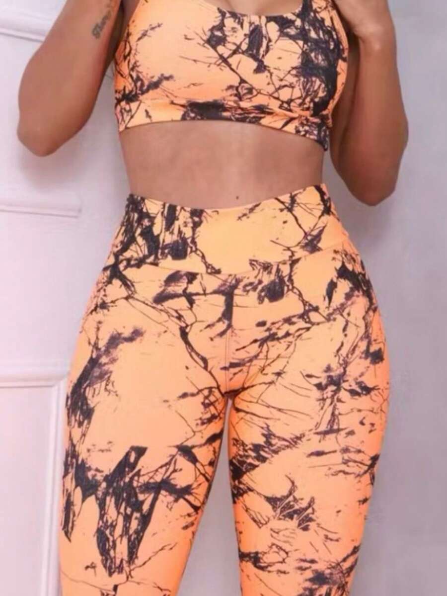 Women's Marbled Gym Leggings - Orange - View 1