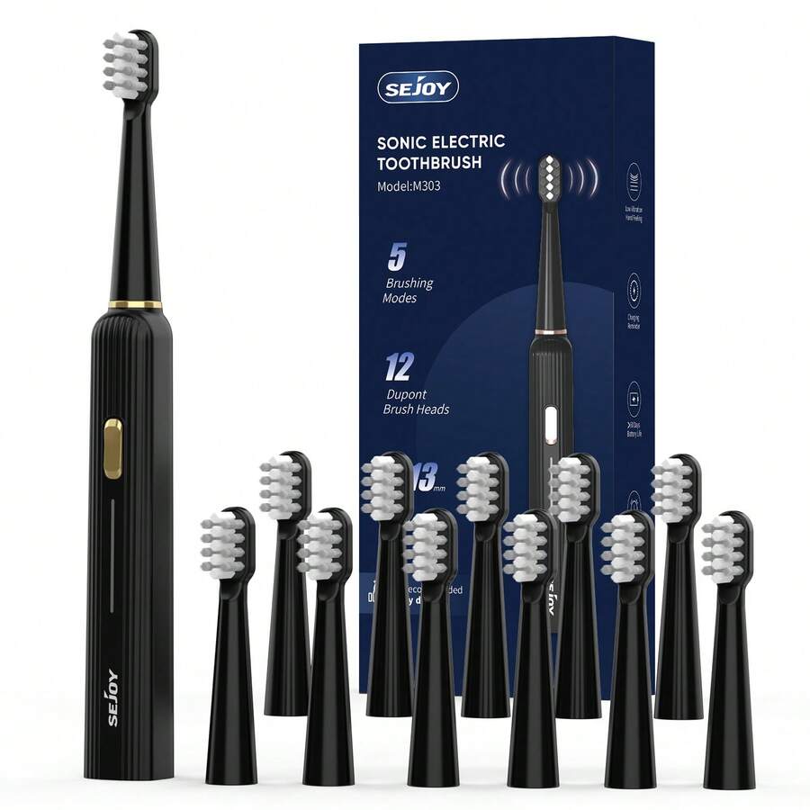 SEJOY Electric Toothbrush Rechargeable With 12 Brush Heads 5 Modes Timer - Black - View 1