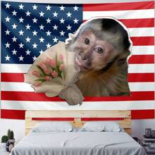 1pc Funny Monkey And Tulip Tapestry With American Flag Background, Decorative Wall Hanging Suitable For Living Room, Bedroom, Office, Humorous Decor, Pet And Floral Theme, All-Season, Made Of Polyester, Comes With 3 Wall Nails And 2 Clips
