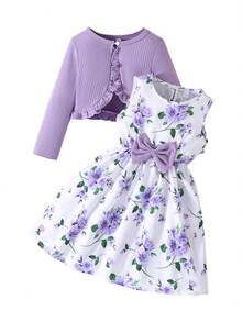 Little Kids Toddler Baby Girl Dress Set Floral Print Round Neck Bow A-Line Tank Dress Ruffled Ribbed Cardigan 2PCs Fall Winter Clothes - 紫色 - 查看 7