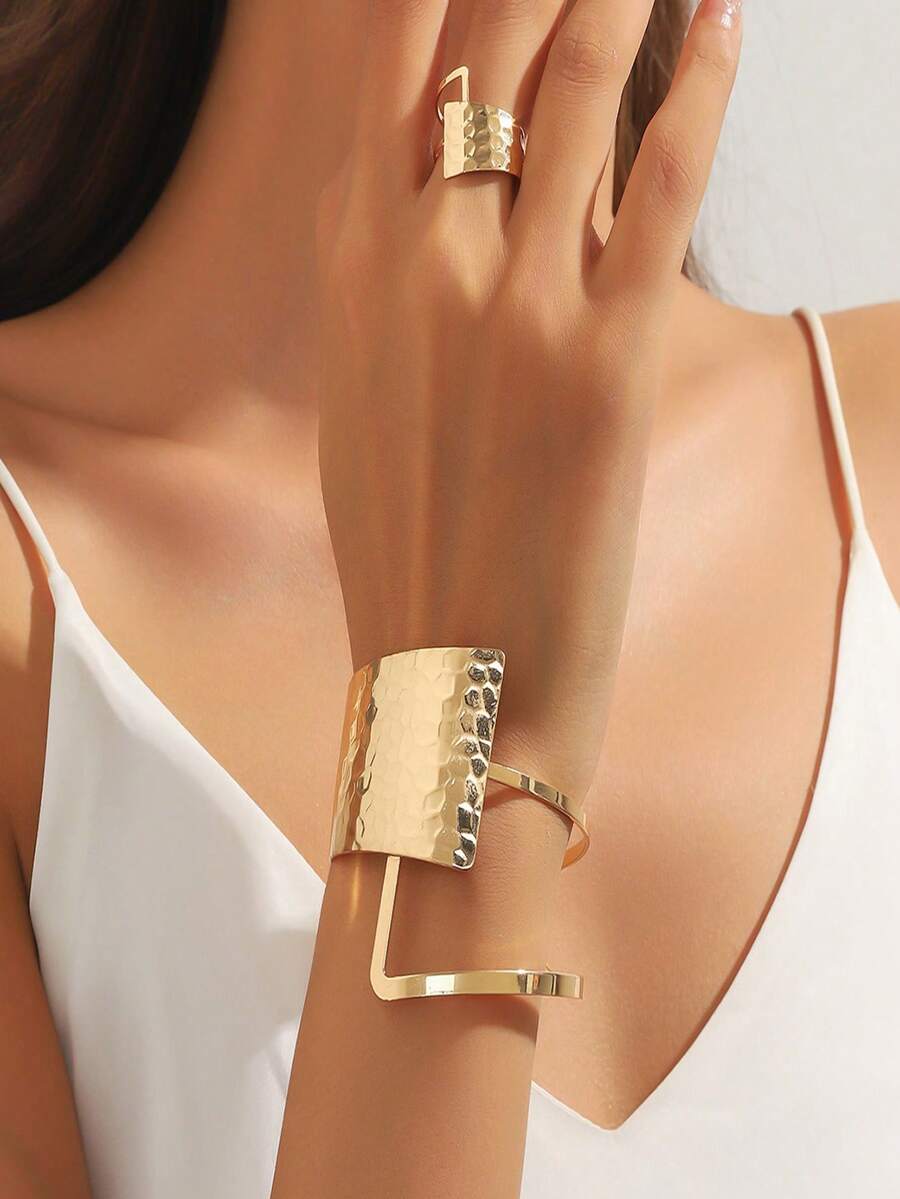 1 Set Geometric Open Bangle & Ring Jewelry Set, Gold Hammered Metallic Punk Style Gift For Everyday Wear - Gold - View 1