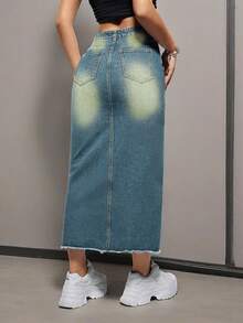 Women's Stretch Denim Long Skirt, Center Slit | Sexy Slim Button Zipper Closure, Side Pockets For Street Wear, Elegant Split Stretch Skirt, Suitable For Daily Fashion And Urban Wear - Rửa trung bình - Xem 4