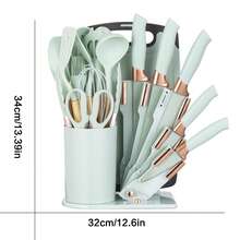 19pcs Premium Silicone Kitchen Utensil & Knife Set - Heat-Resistant, Non-Stick Safe Cooking Tools With Wooden Handles & Chef Knives - Includes Storage Stand - Perfect Gift For Juneteenth - Xanh nhạt - Xem 5