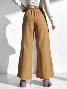 Pantalones holgados y casuales de pierna ancha con bolsillo, unicolor para mujeres - Caqui - Ver 4