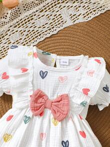 2 Pieces Set Include Girls Heart Ruffle Bow Short Sleeve Dress & Headpiece, Summer Versatile Lady Dress - White - View 6
