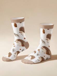 1 Pair Hedgehog & Pine Cone Pattern Socks - Warm Hedgehog & Pine Cone Design Embracing Nature, 360 Digital Printing Mid-Calf Socks, Autumn/Winter - Multicolor - View 6