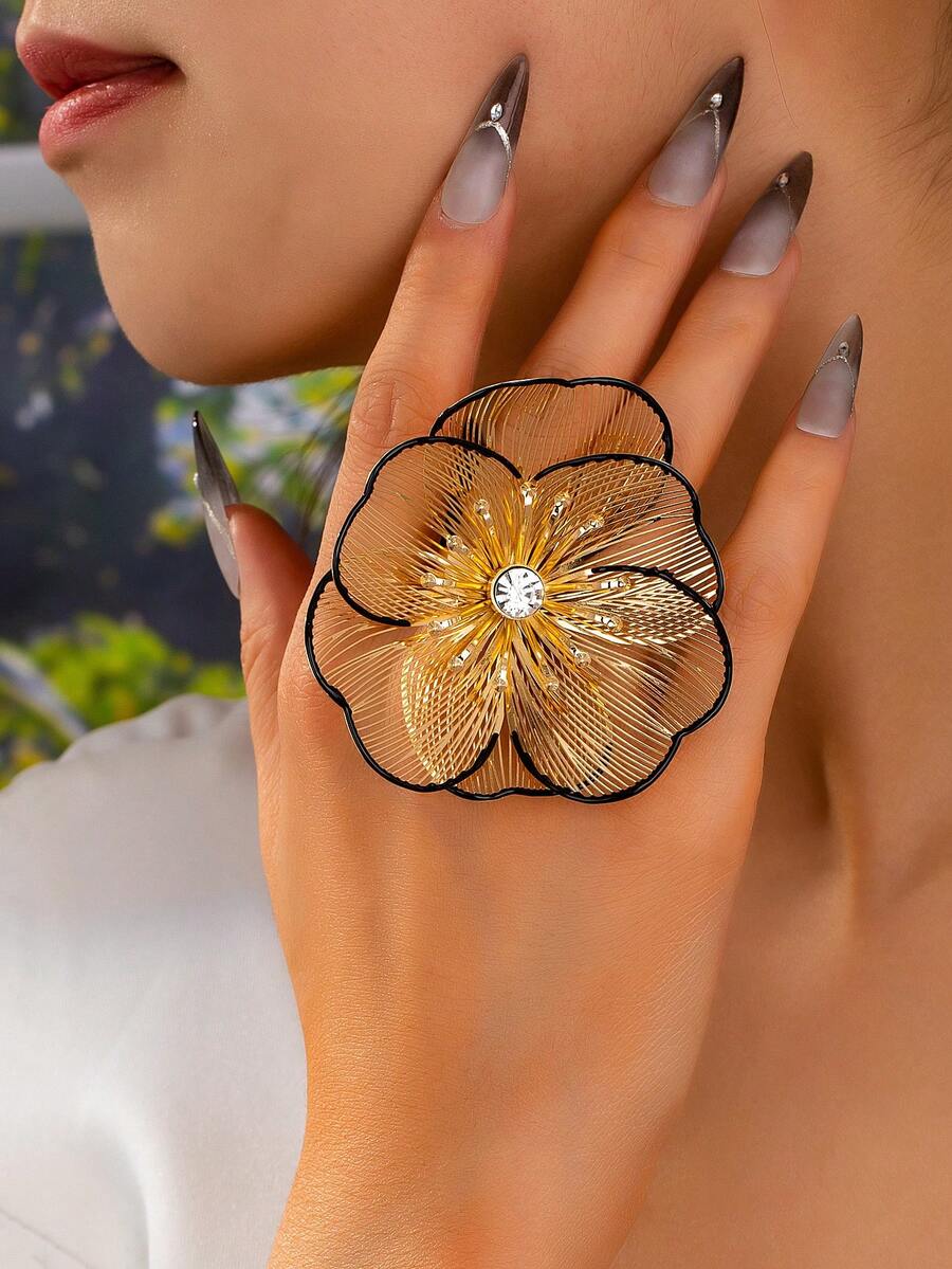 1枚珐琅花朵戒指，女士花卉设计戒指，波西米亚风格夏季饰品 - 金色 - 查看 1