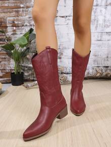 Women's Western Style Embroidered V-Cut Pointed Toe Block Heel Mid-Calf Boots - Red - View 7