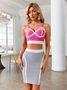 Women's Fashion Elegant Spaghetti Strap Short Bodycon Embellished Hollow Out Two Pieces Dress Summer Set Top And Skirt Bandage Dress Pink And Grey Cocktail Evening Party Dress Sexy Outfit Clothes - Pink - View 2