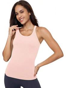 Yoga Racerback Tank Top For Women With Built In Bra,Women's Padded Sports Bra Fitness Workout Running Shirts - 粉色 - 查看 7