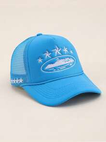 1 件男士五角星刺绣卡车司机帽，时尚元素棒球帽，户外防晒休闲网帽，适合春季、秋季、旅行、海滩