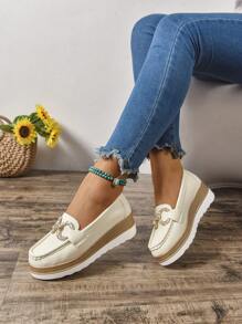 2025 Spring Women Thick-Sole Slip-On Loafers, Round Toe Metal Buckle Wedge Casual Shoes, Vintage British Style PU Leather Outdoor Commuting