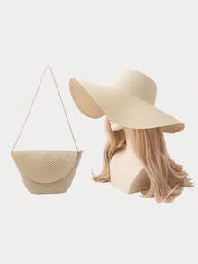 2pcs Set: Women Bohemian Solid Color Straw Hat + Straw Flip Cover Bag, Suitable For Spring Seaside, Beach, Daily Outing, Fashion Outfit Valentines Gift - A - View 12