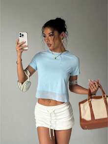 极简主义郁金香背部瑜伽 T 恤 - 女士柔软弹力短袖上衣，适合健身房和休闲