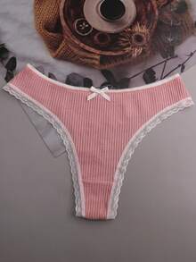 5件套女士卡其色罗纹可爱蝴蝶结蕾丝边性感T型背心内裤 - 卡其色 - 查看 6