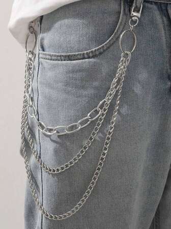 1 pieza Cadena de pantalón de metal de estilo punk plateado de varias capas, accesorio de moda para combinar con vaqueros, adecuado para uso diario