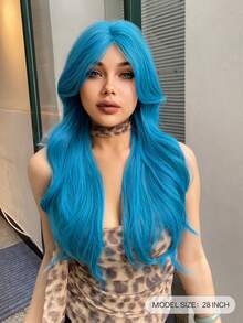 一片式合成耐热长卷发波浪头带刘海假发蓝色 28 英寸全编织日常自然逼真假发 - 藍色 - 查看 2