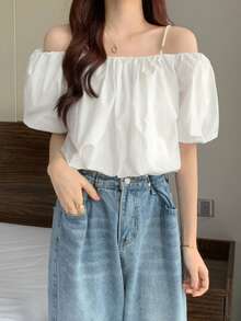 Vintage French Faux Pearls Strap One Shoulder Wide Loose Bubble Sleeve Shirt Blouse - White - View 5