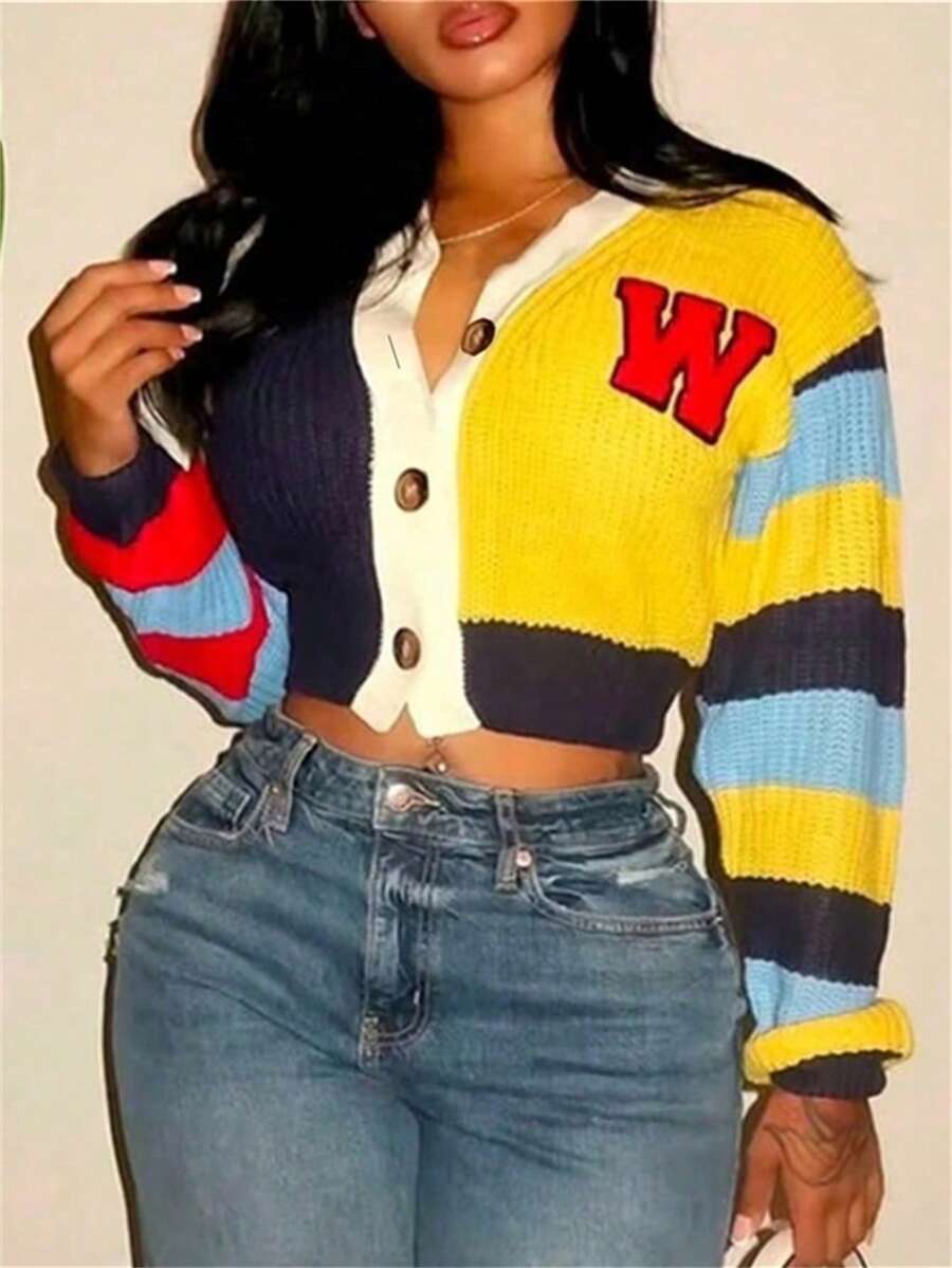 Spring Summer Street Colourblock Loose Women Seweaters V-Neck Striped Long Sleeve Letter W Button Women Cardligans Y2k For Women - 黃色 - 查看 1