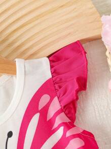2pcs/Set Baby Girls Cute Bow Print Cap Sleeve Top + Solid Bow Decor Casual Shorts Set