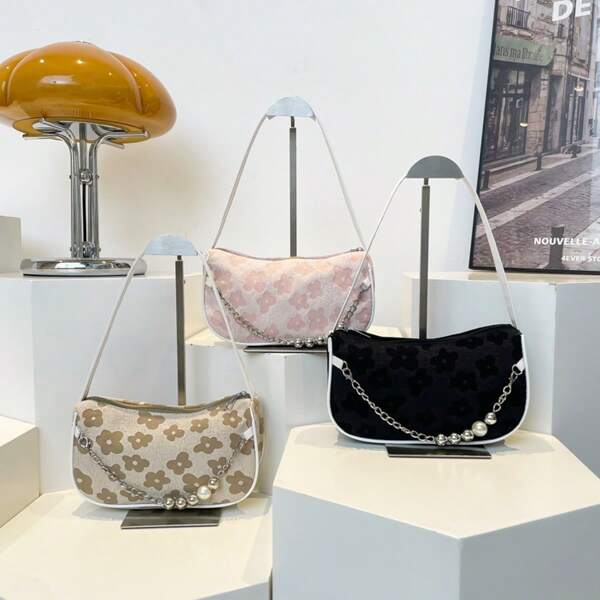 Nuevo bolso baguette de hombro con estampado floral, parche de luna creciente, cadena de metal, decoración con perlas, bolso baguette elegante de unicolor para mujer, bolso versátil para ir y venir, primavera/verano