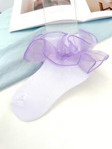 1 双女童荷叶边下摆中筒袜，适合日常基本搭配 - 紫色 - 查看 5