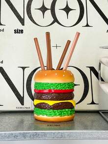 1pc Hamburger Shaped Makeup Brush Holder Pen Cup - Creative Brush Stand For Vanity Desk Travel Storage - Lightweight Plastic Organizer No Assembly Required Perfect Cute Gift For Women Men Teens Students - Multicolor - View 2