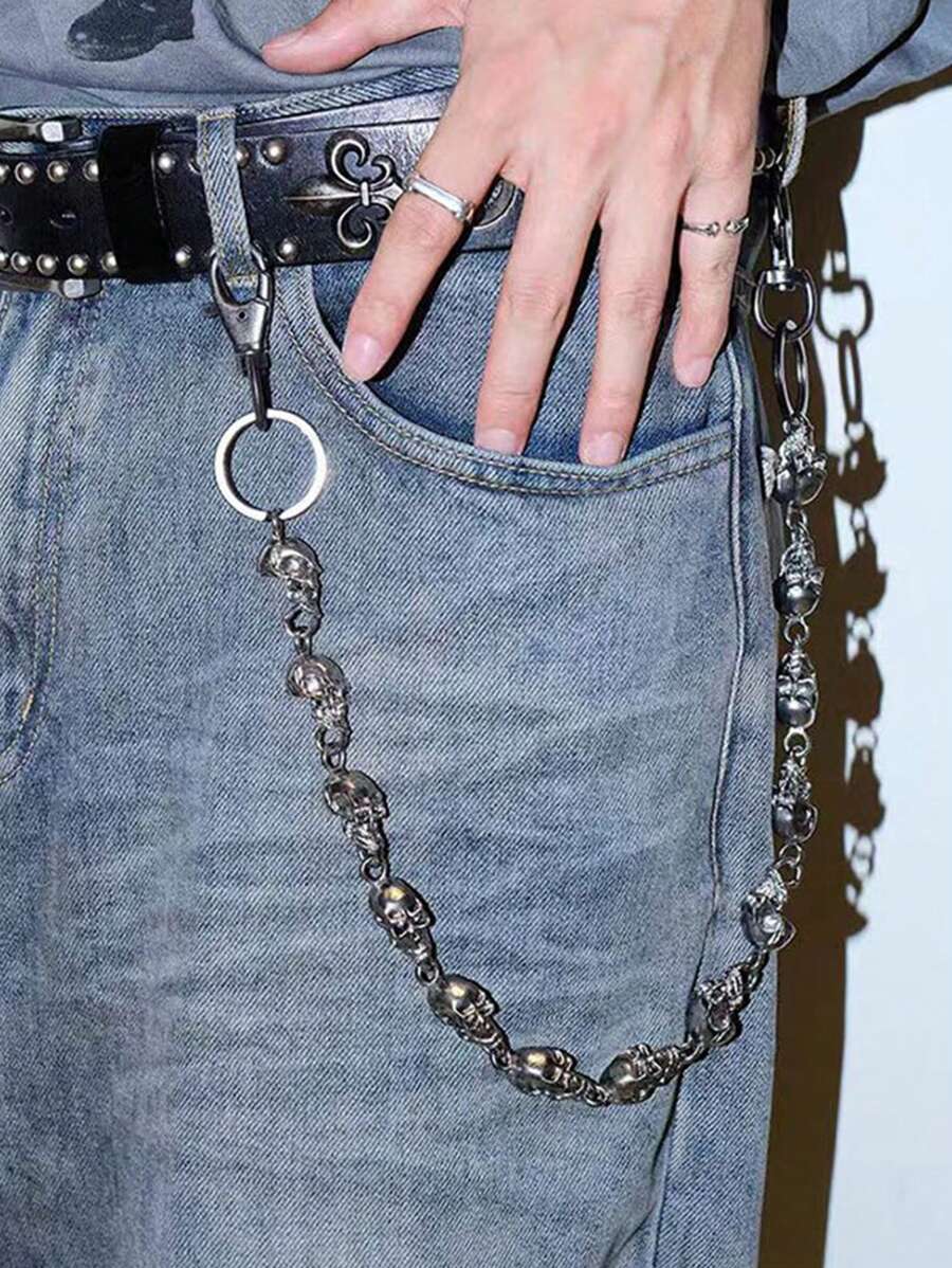1 pieza Cadena de mezclilla con calavera de metal unisex, Cadenas de cintura de esqueleto punk rock góticas, accesorio genial